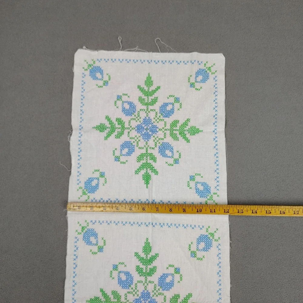 Vintage Embroidered Tea Towel Set (4) Blue White Floral Unfinished Linens 12x26